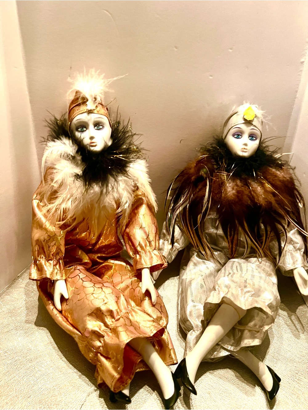 Set of 2 Vintage HARLEQUIN Porcelain Bisque Dolls 15" Tall. 90's. Feathers.